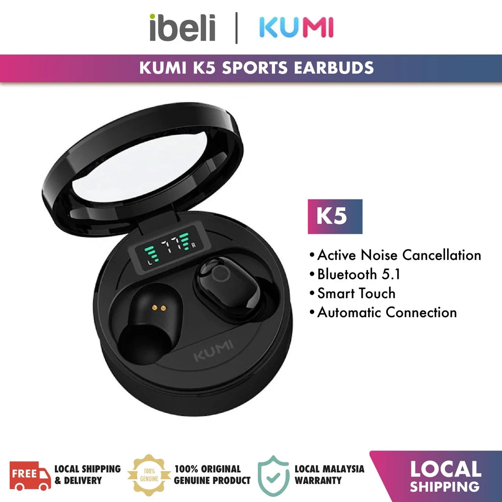 KUMI K5 Active Noise Canceling True Wireless Bluetooth Earphone With Mic Handsfree Sports Earbuds